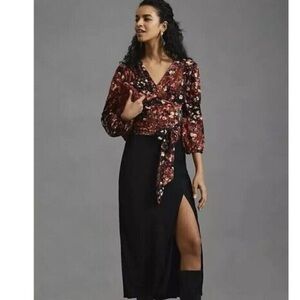 by Anthropologie Womens Balloon Sleeve V-Neck Open Back Shirt Abstract Print Sm